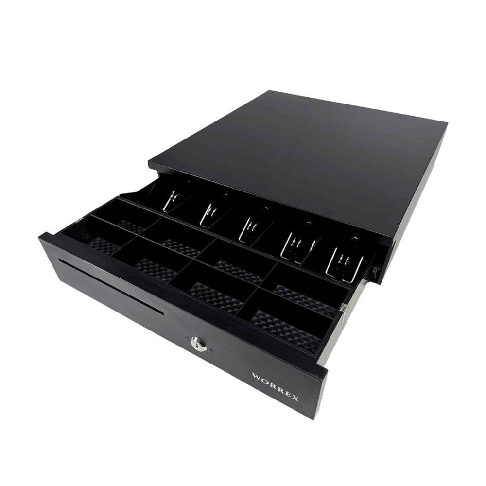 ลิ้นชักเก็บเงิน WORREX รุ่น W-405F สีดำ 5 ช่องแบงค์ 8 ช่องเหรียญ RJ11 12/24V